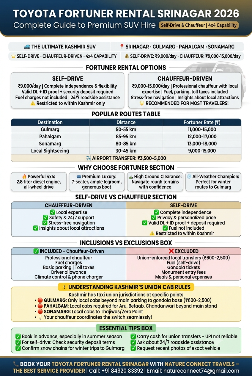 Toyota Fortuner rental Srinagar 2026 infographic - self-drive 9000 rupees per day, chauffeur-driven 9000-15000 rupees per day, popular routes Gulmarg 11000-15000 Pahalgam 12000-17000 Sonamarg 13000-18000, 4x4 capability, union cab rules explained