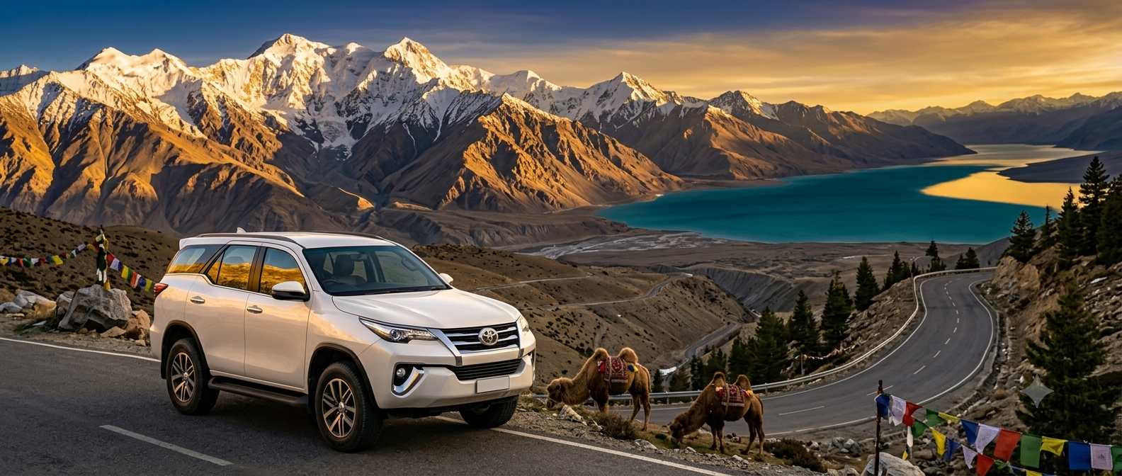 Toyota Fortuner Rental Srinagar 2026 | ₹9,000/day | Self-Drive & Driver 8 Toyota Fortuner rental Srinagar 2026 - premium SUV on mountain road with Himalayan peaks