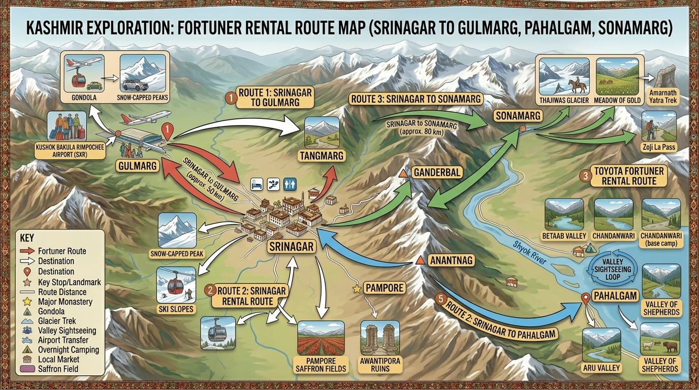 Toyota Fortuner Rental Srinagar 2026 | ₹9,000/day | Self-Drive & Driver 12 Toyota Fortuner rental Srinagar 2026 - route map to Gulmarg, Pahalgam, and Sonamarg
