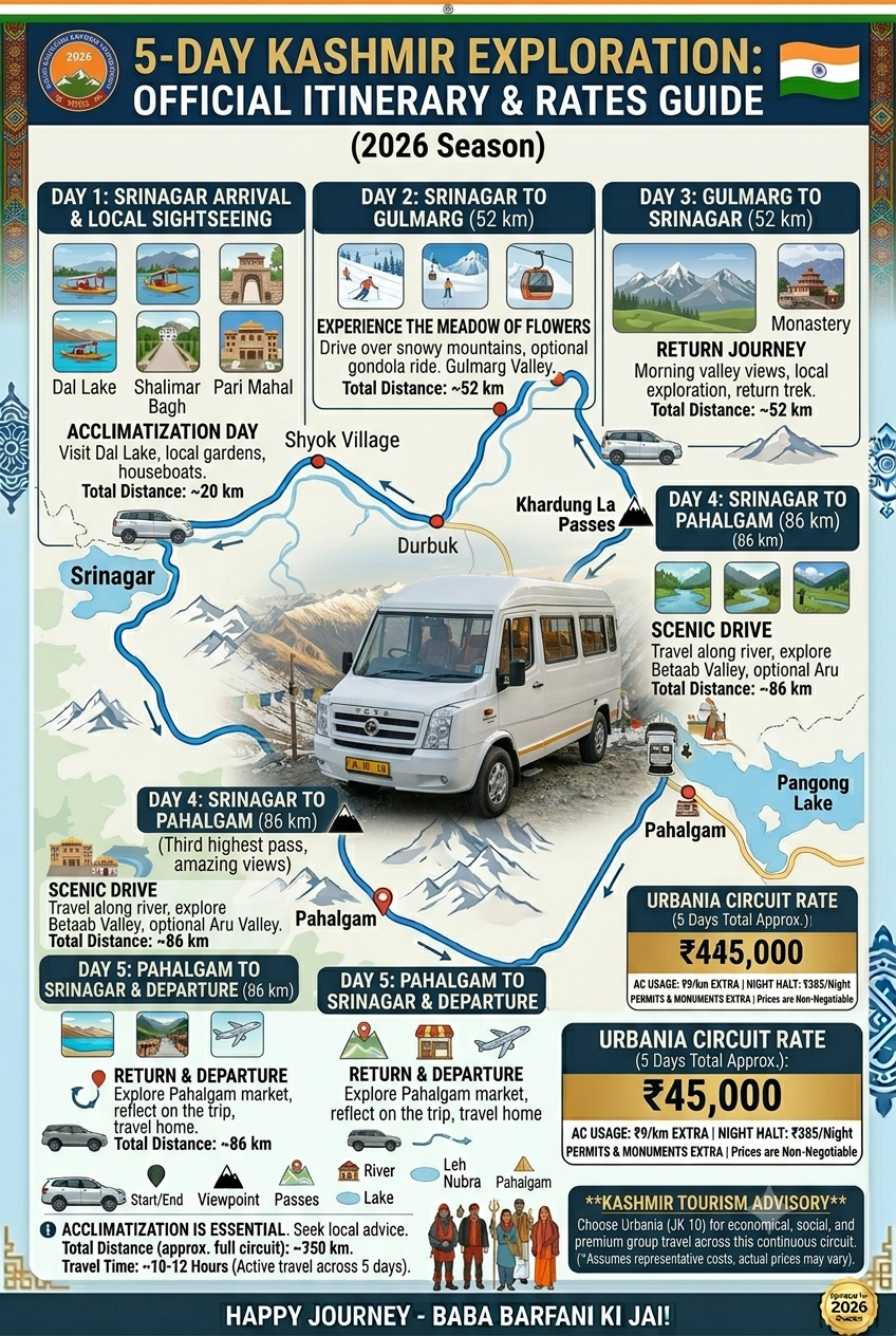 Urbania for Group Travel Kashmir 2026 | ₹8,500/Day | 9-17 Seater 8 Urbania for group travel Kashmir 2026 5 day group tour itinerary map showing Srinagar Gulmarg Pahalgam circuit