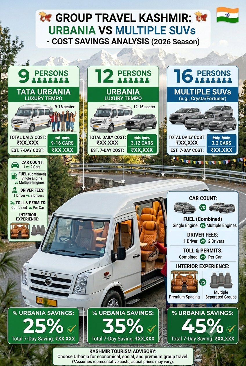 Urbania for Group Travel Kashmir 2026 | ₹8,500/Day | 9-17 Seater 7 Urbania for group travel Kashmir 2026 - cost savings comparison vs multiple SUVs showing 35-45 percent savings for groups