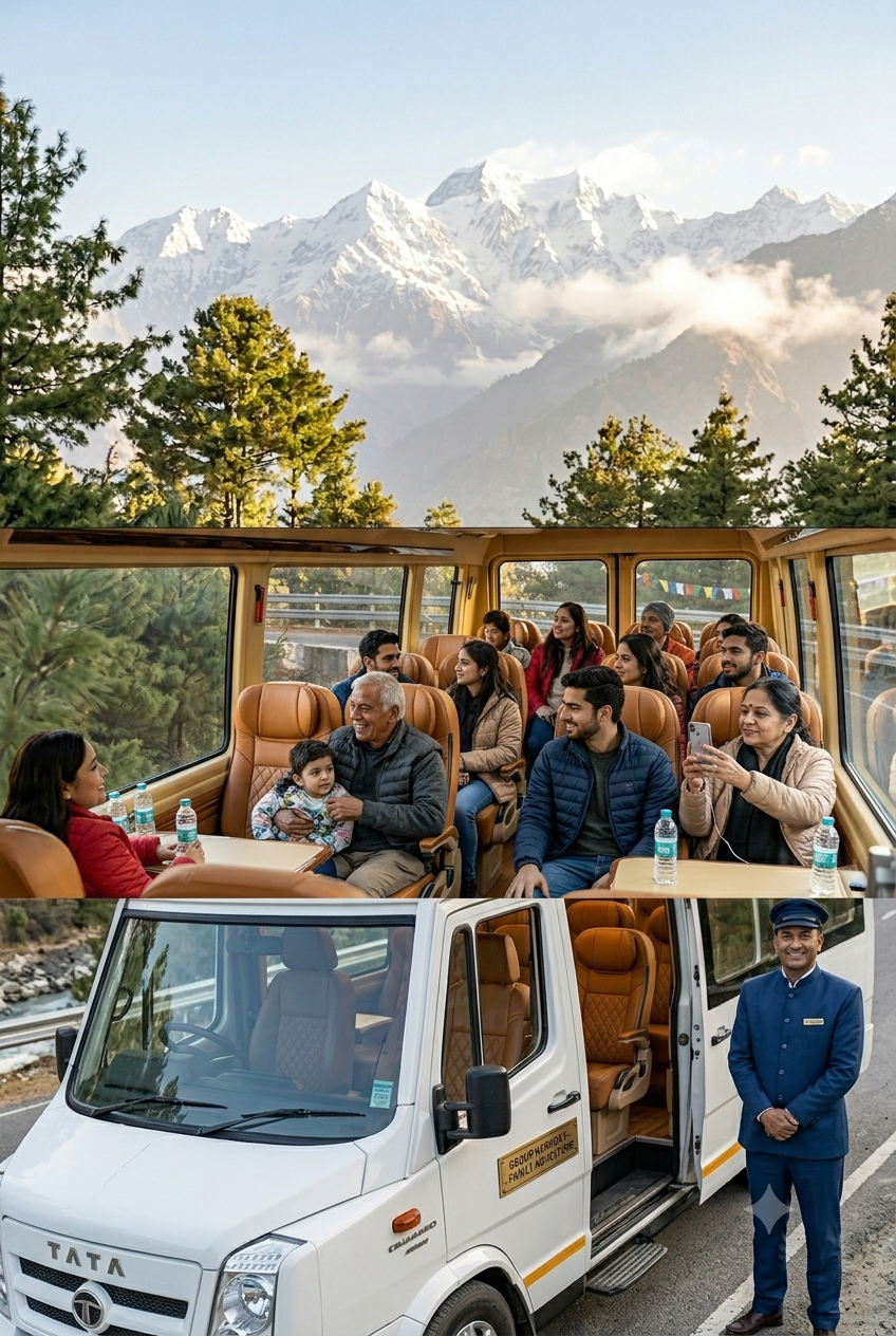 Urbania for group travel Kashmir 2026 - multi-generational happy family seated in premium leather captain seats inside Tata Urbania Luxury overlooking Lidder River valley Pahalgam