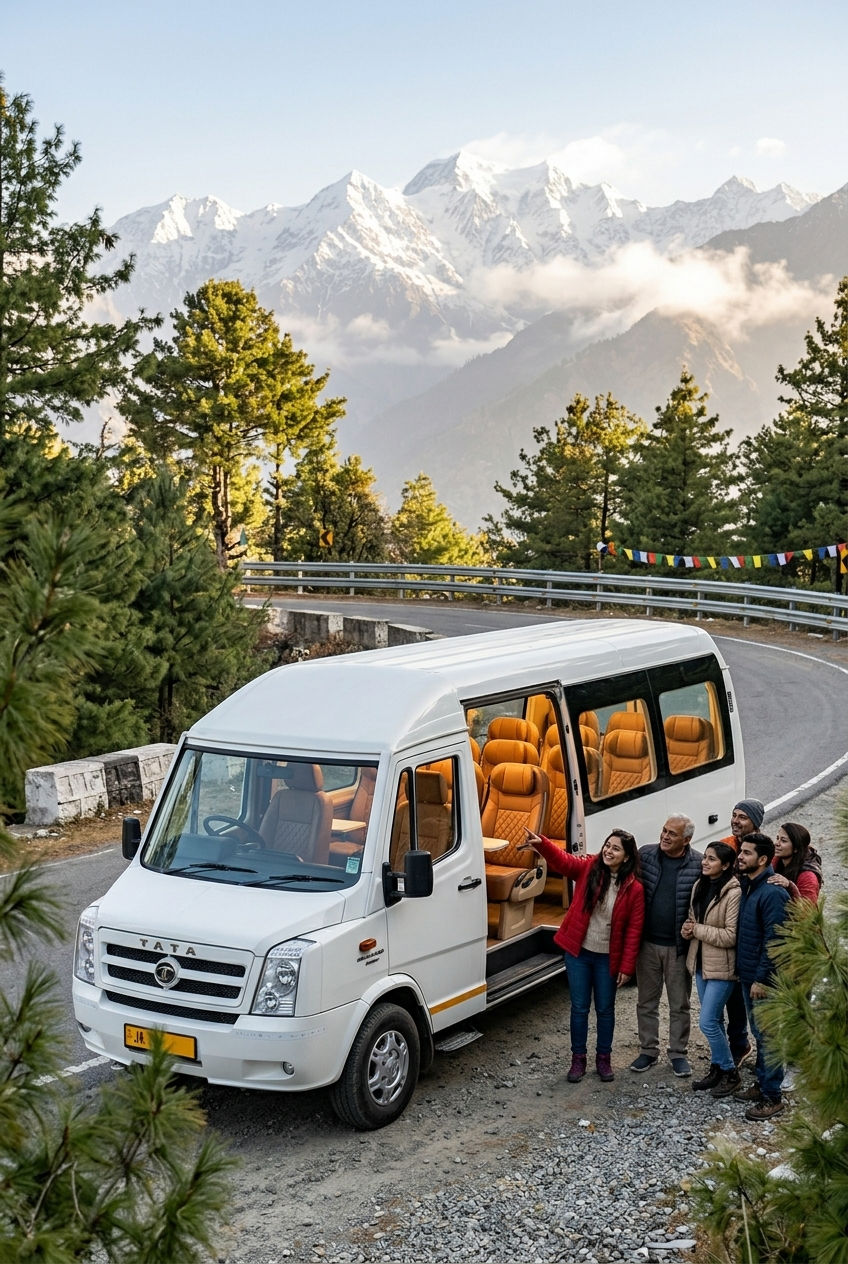Urbania for Group Travel Kashmir 2026 | ₹8,500/Day | 9-17 Seater 6 Urbania for group travel Kashmir 2026 - white Tata Urbania Luxury tempo traveller with happy group on scenic Kashmir mountain road