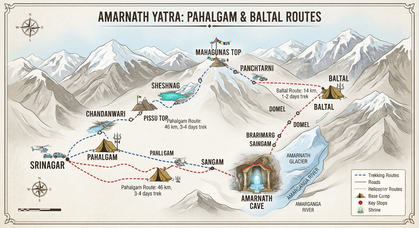  VIP Amarnath Yatra cab booking 2026 - Pahalgam and Baltal route map