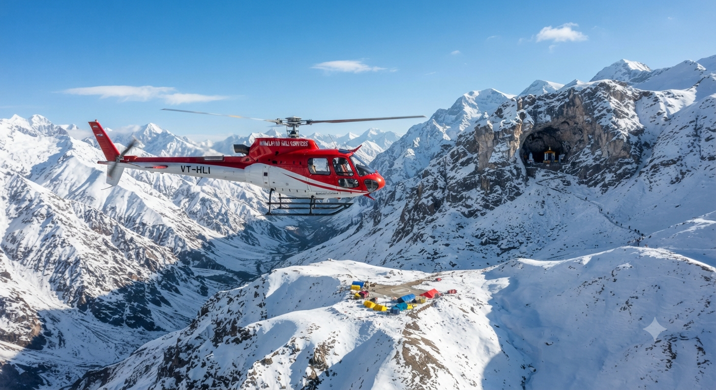VIP Amarnath Yatra cab booking 2026 - helicopter ride to Panjtarni over Himalayas