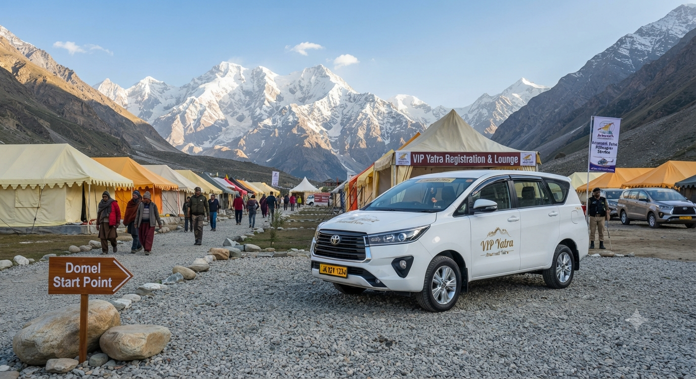 VIP Amarnath Yatra cab booking 2026 - premium Innova at Baltal base camp with Himalayan peaks