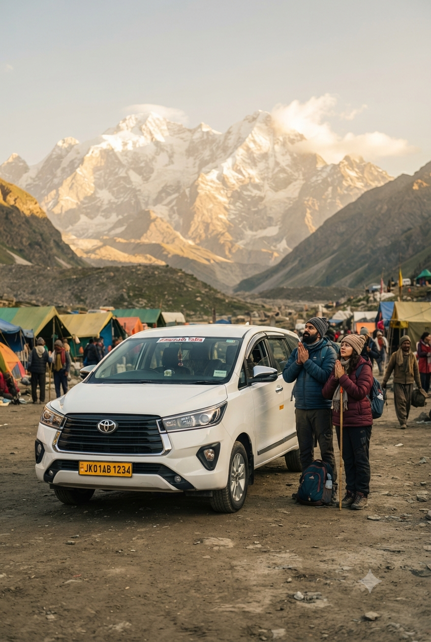 VIP Amarnath Yatra cab booking 2026 - premium Innova at Baltal base camp with Himalayan peaks