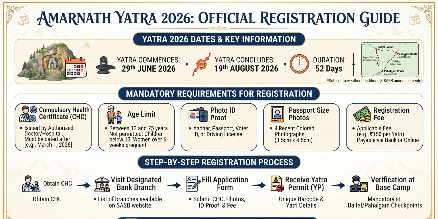 VIP Amarnath Yatra cab booking 2026 - registration and requirements infographic