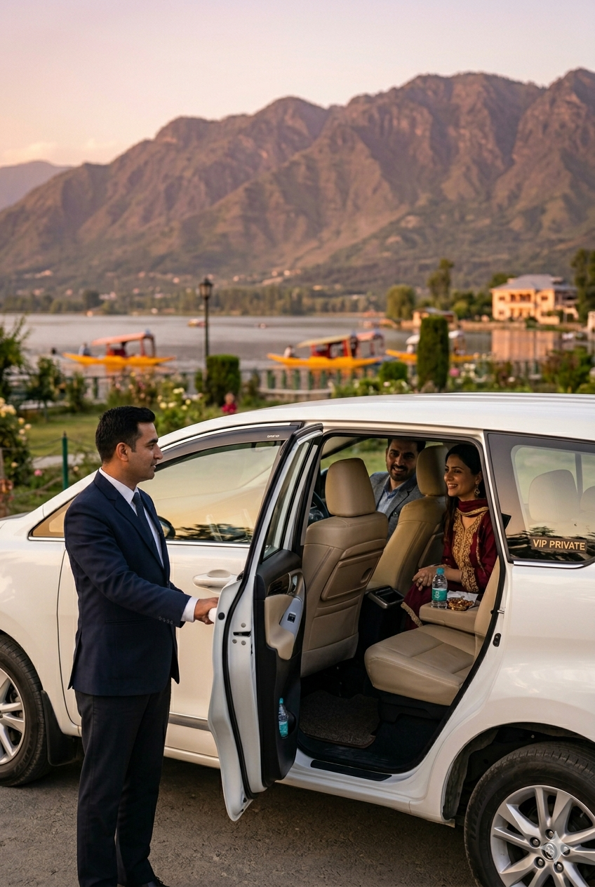 VIP taxi service 2026 - professional chauffeur with white Innova Crysta at Nishat Garden Dal Lake for premium luxury travel