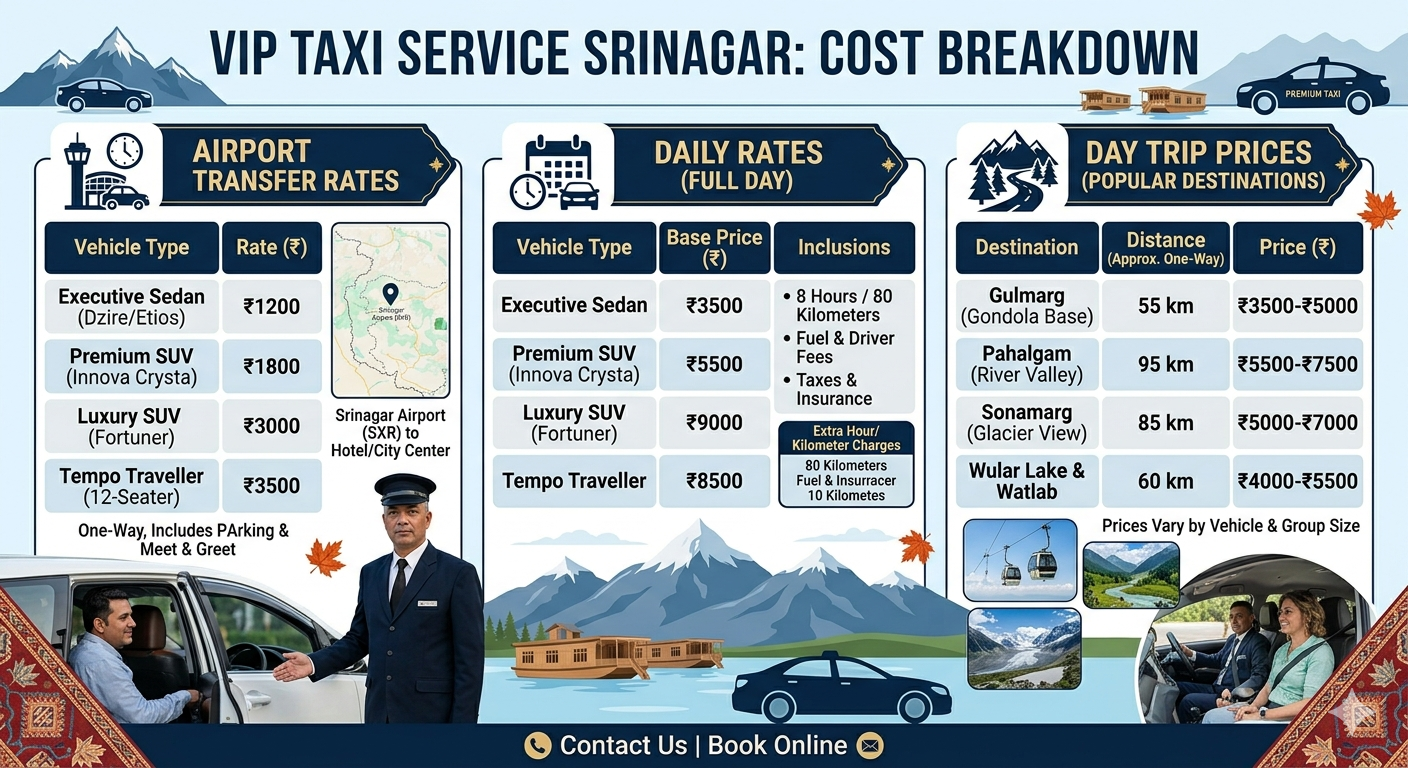 VIP taxi service Srinagar 2026 - complete pricing infographic