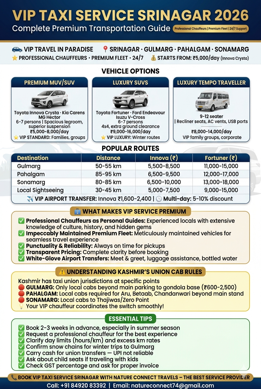 VIP taxi service Srinagar 2026 infographic - vehicle options Innova Crysta 5000-7500 rupees per day Fortuner 9000-15000 rupees per day, popular routes Gulmarg Pahalgam Sonamarg rates, VIP inclusions, union cab rules explained