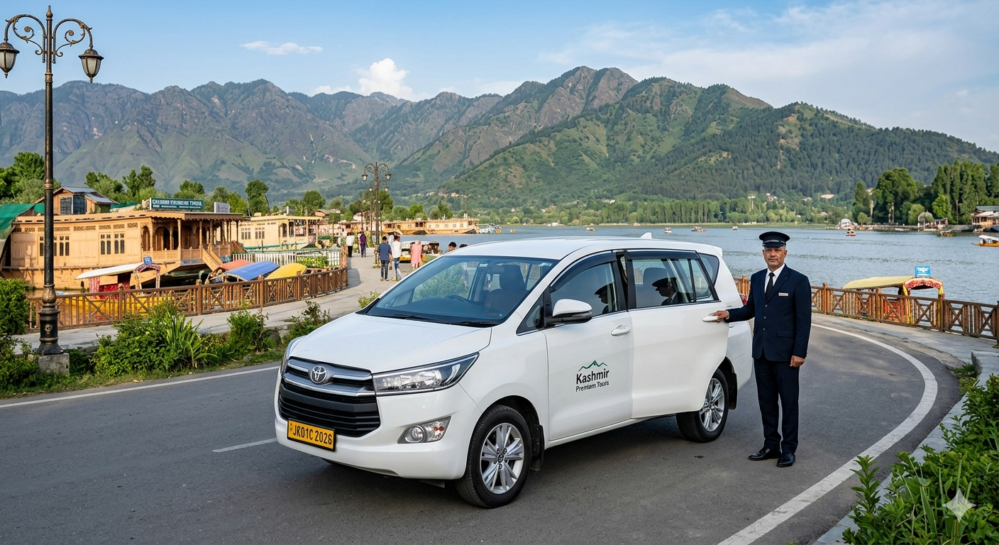 VIP taxi service Srinagar 2026 - premium Innova Crysta with Dal Lake backdrop