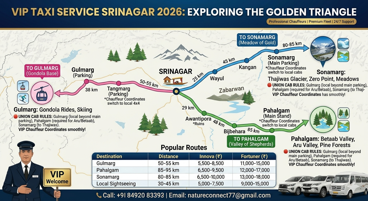 VIP taxi service Srinagar 2026 - route map to Gulmarg Pahalgam Sonamarg