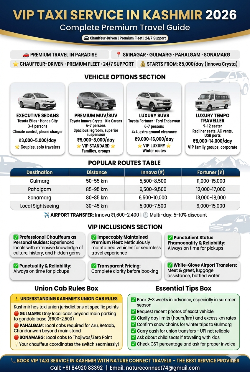 VIP taxi service in Kashmir 2026 infographic - vehicle options Innova Crysta 5000-7500 rupees per day Fortuner 9000-15000 rupees per day, popular routes Gulmarg Pahalgam Sonamarg rates, VIP inclusions, union cab rules explained