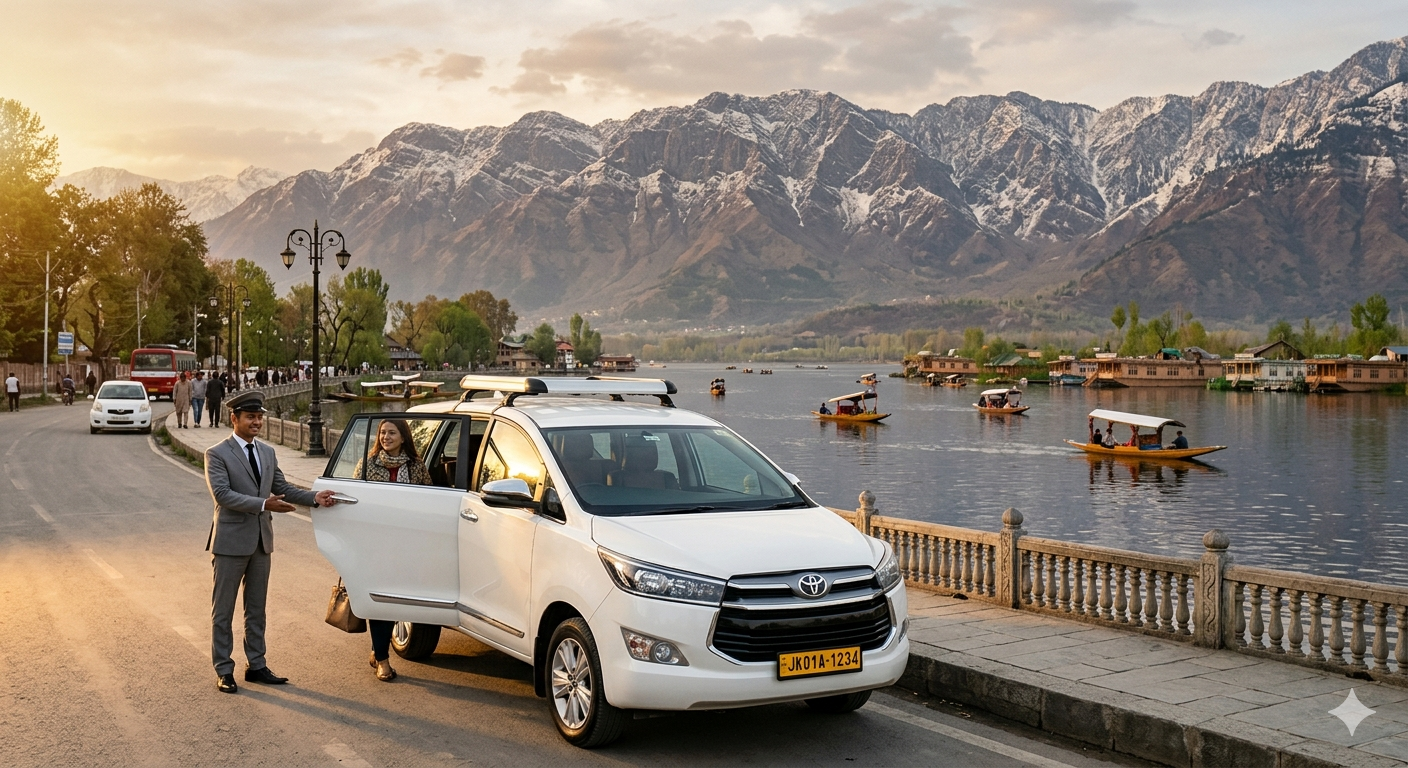 VIP taxi service in Kashmir 2026 - premium Innova Crysta with Dal Lake and Zabarwan mountains