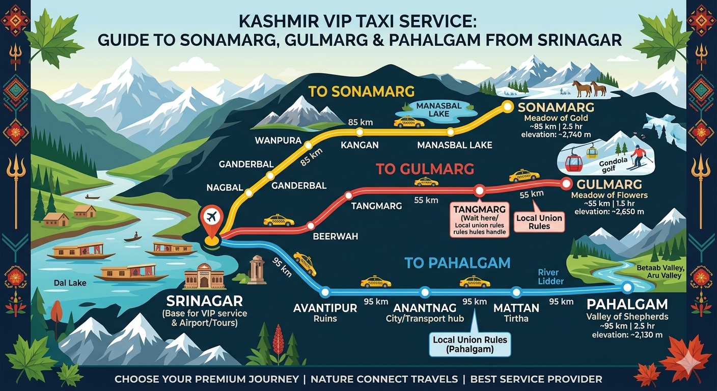 VIP taxi service in Kashmir 2026 - route map to Gulmarg, Pahalgam, and Sonamarg