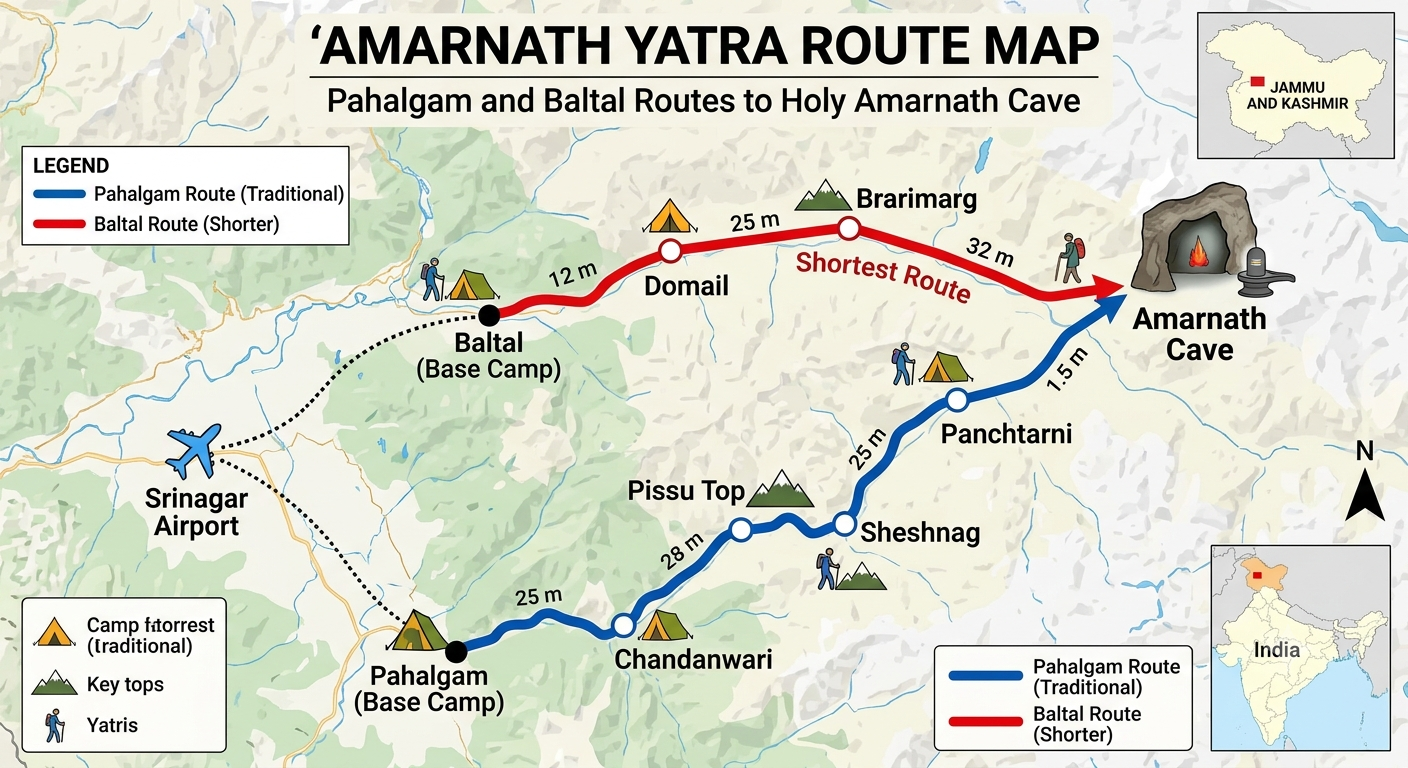 amarnath Yatra itinerary 2026 - pilgrims trekking on Pahalgam route