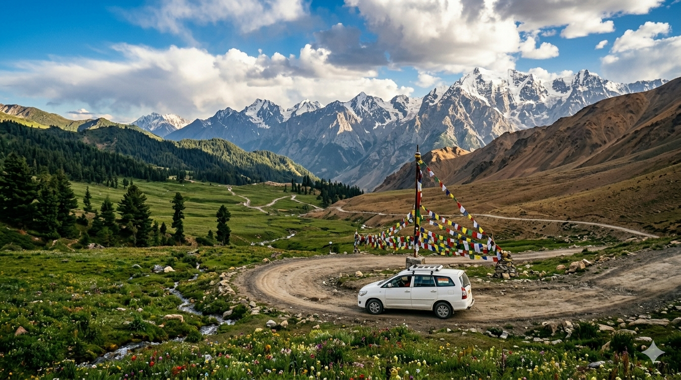 Srinagar to Leh road trip itinerary 2026 - vehicle on winding Himalayan highway with snow-capped peaks