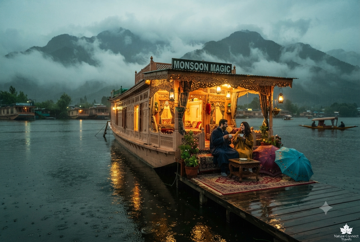 3 nights 4 days Kashmir monsoon package 2026 - cozy monsoon houseboat stay on Dal Lake