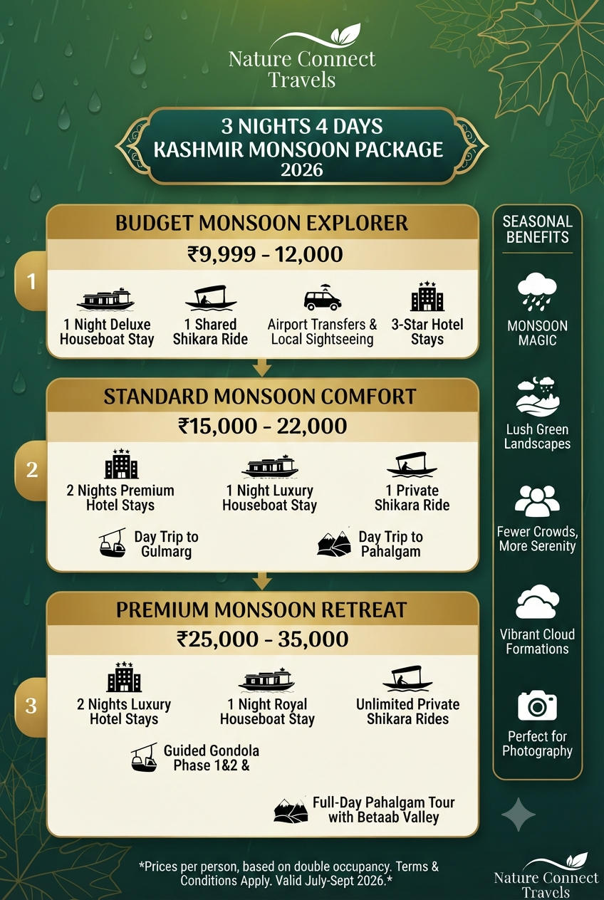 3 nights 4 days Kashmir monsoon package 2026 infographic - prices and inclusions