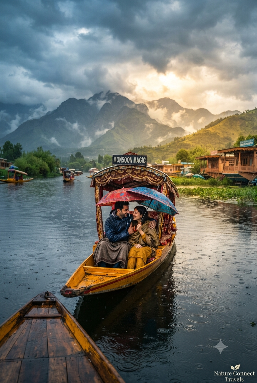 3 nights 4 days Kashmir monsoon package 2026 - romantic monsoon shikara ride on Dal Lake