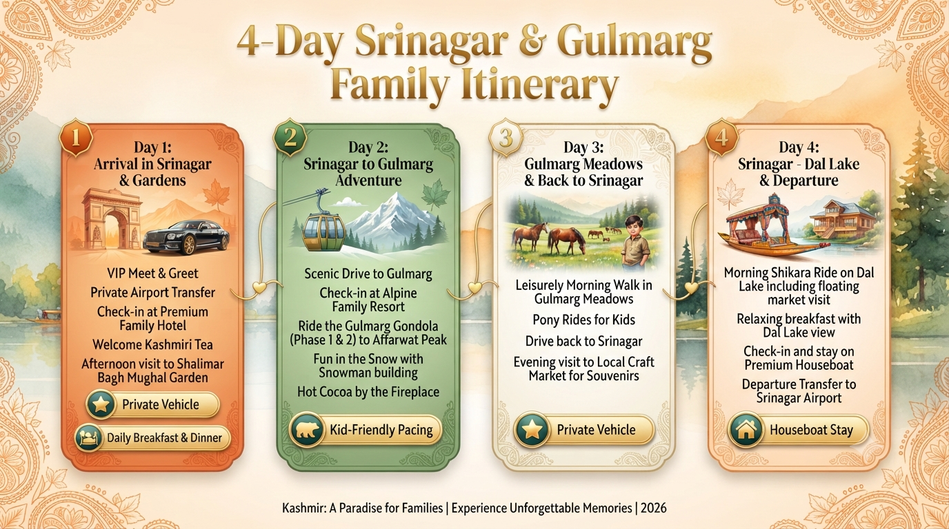 3 nights 4 days Srinagar and Gulmarg trip cost for family - 4-day family itinerary infographic