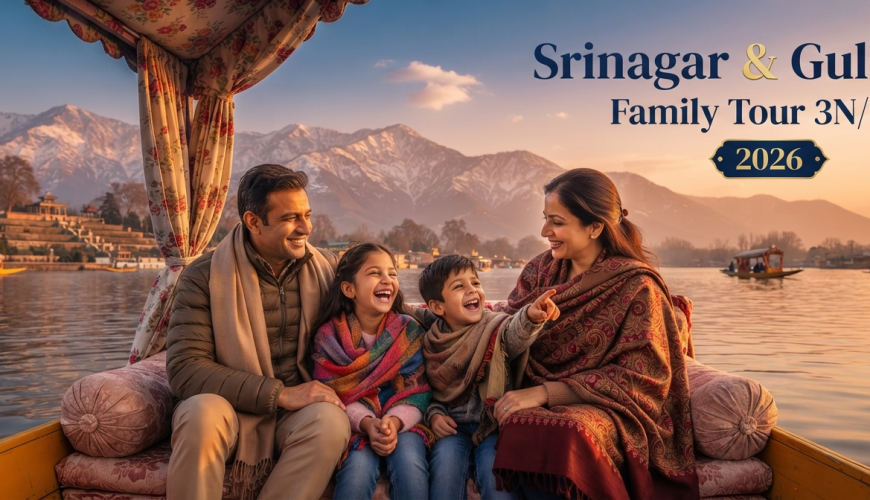 3 nights 4 days Srinagar and Gulmarg trip cost for family - happy family on shikara Dal Lake with Nature Connect Travels