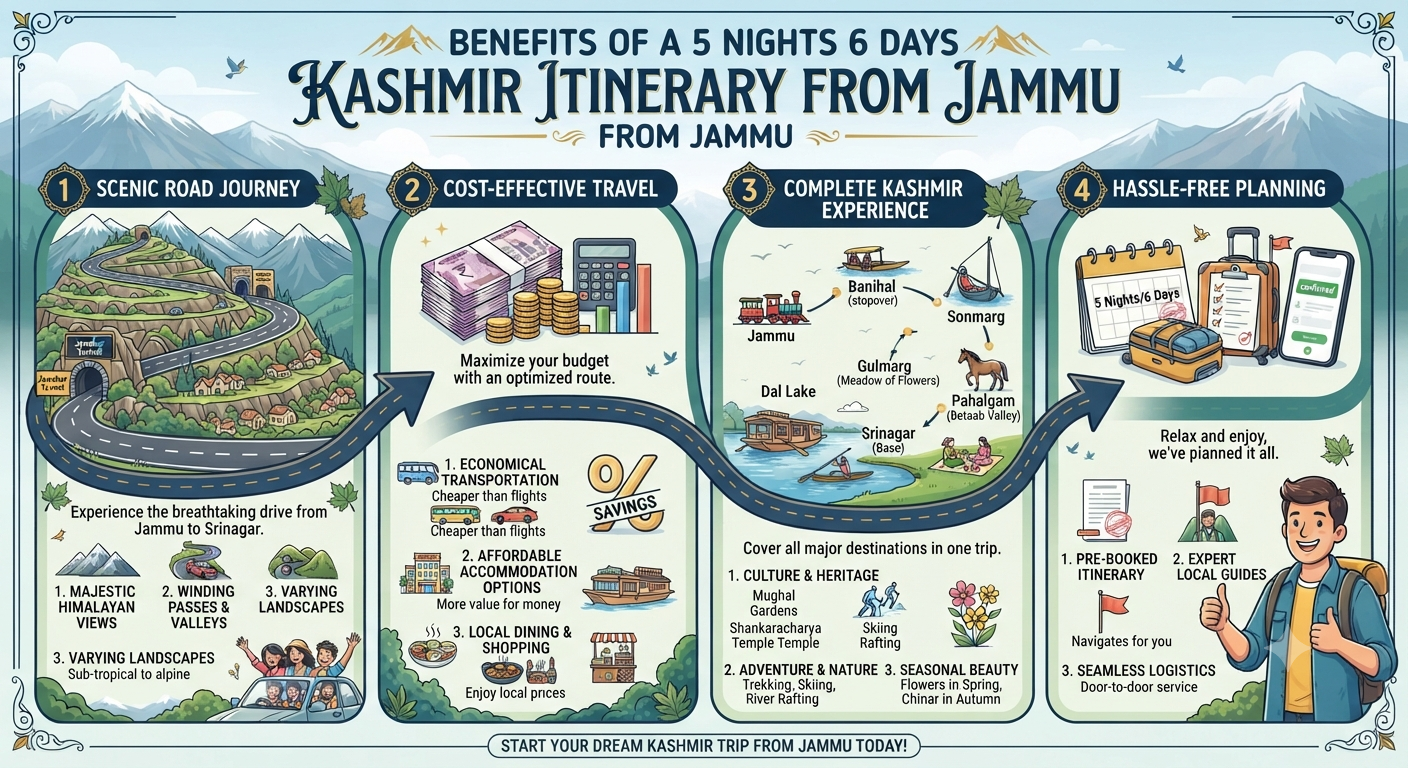 5 Nights 6 Days Kashmir Itinerary from Jammu 2026 | ₹12,500 | Book Now 13 5 nights 6 days Kashmir itinerary from Jammu 2026 - benefits infographic