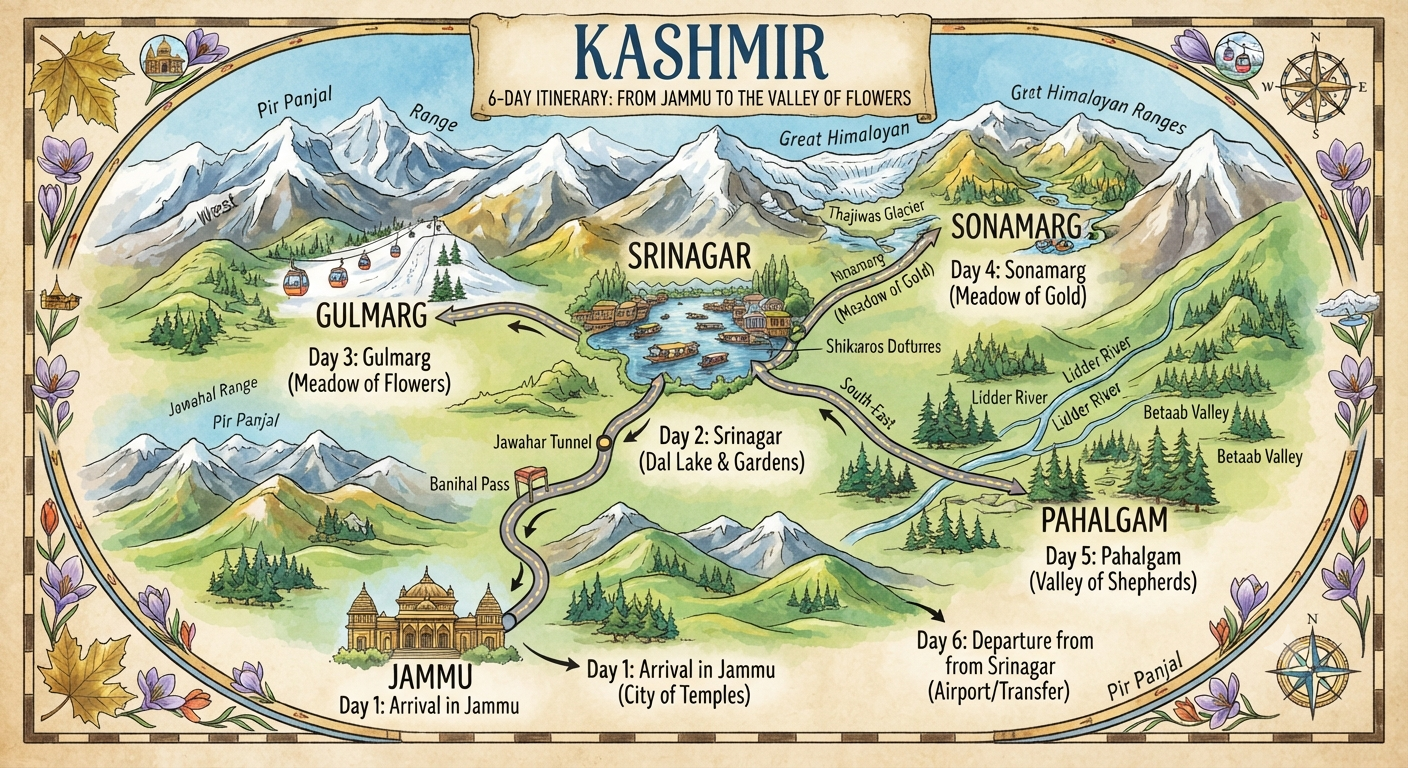 5 Nights 6 Days Kashmir Itinerary from Jammu 2026 | ₹12,500 | Book Now 20 5 nights 6 days Kashmir itinerary from Jammu 2026 - complete itinerary map