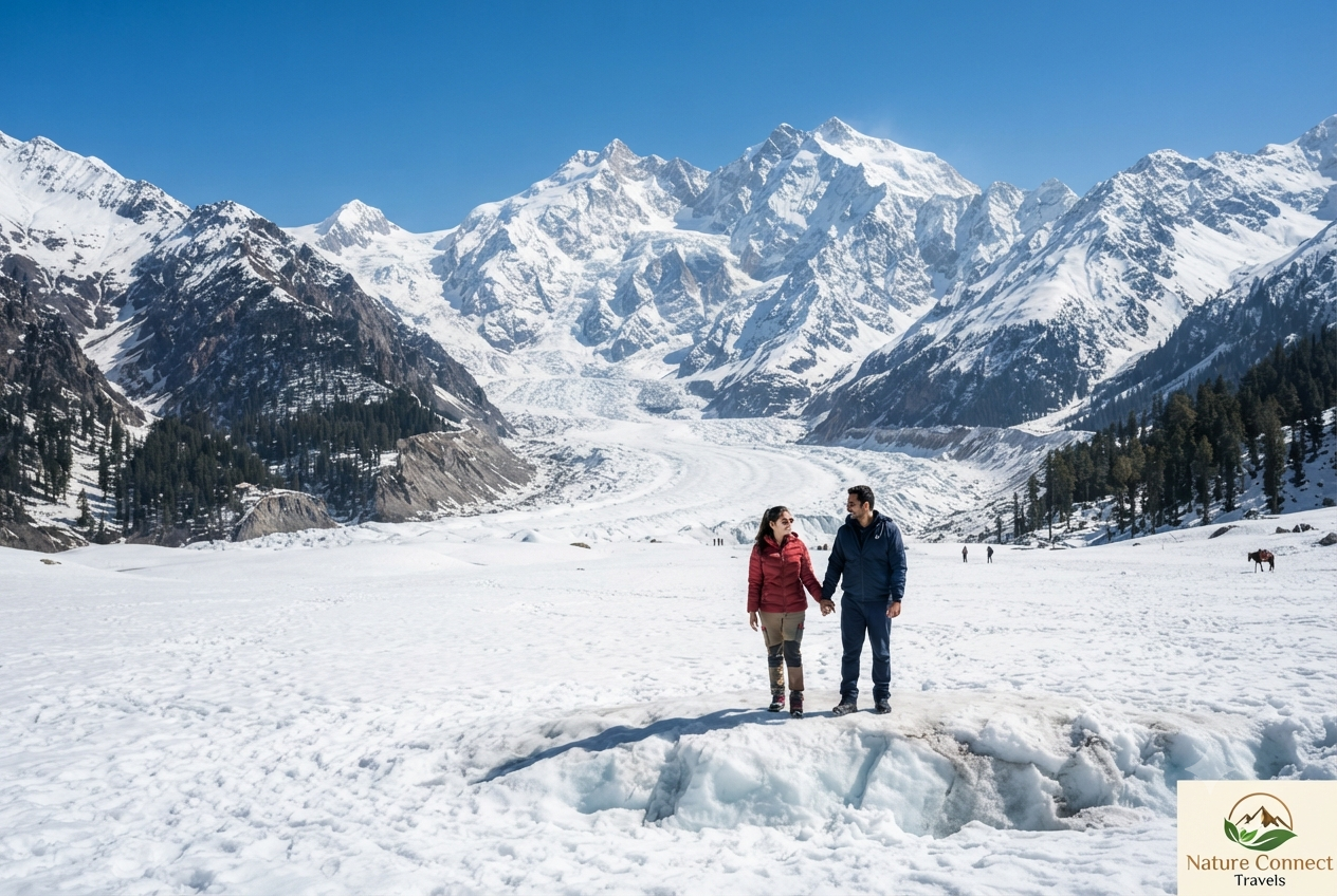 6 days luxury tour package of Kashmir from Srinagar 2026 - couple at Thajiwas Glacier Sonamarg