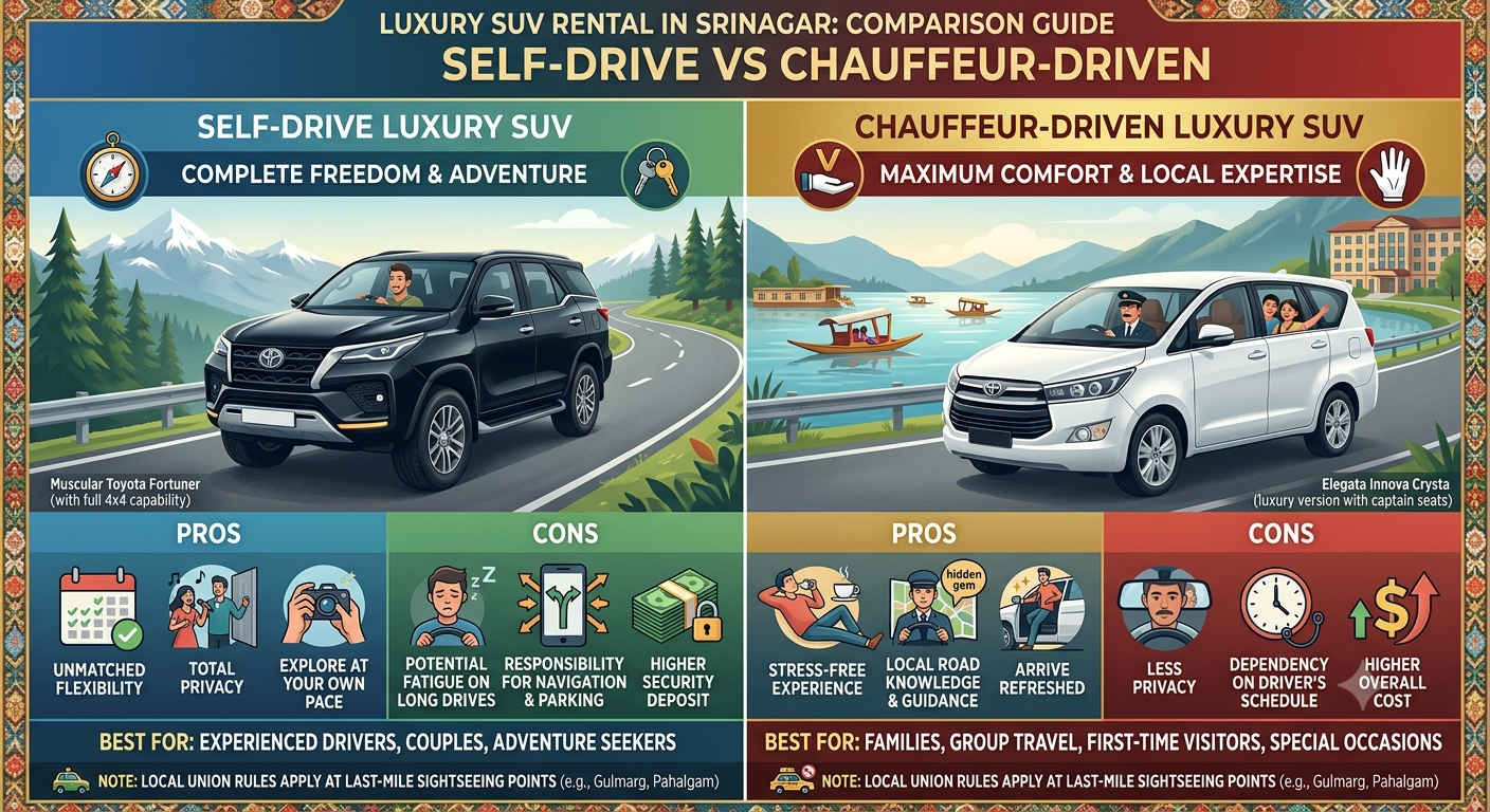 A comparison infographic showing self-drive vs chauffeur-driven luxury SUV rental Srinagar with pros and cons