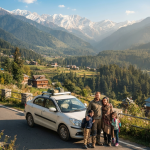 Affordable Kashmir car rental package 2026 - budget sedan with family on scenic road