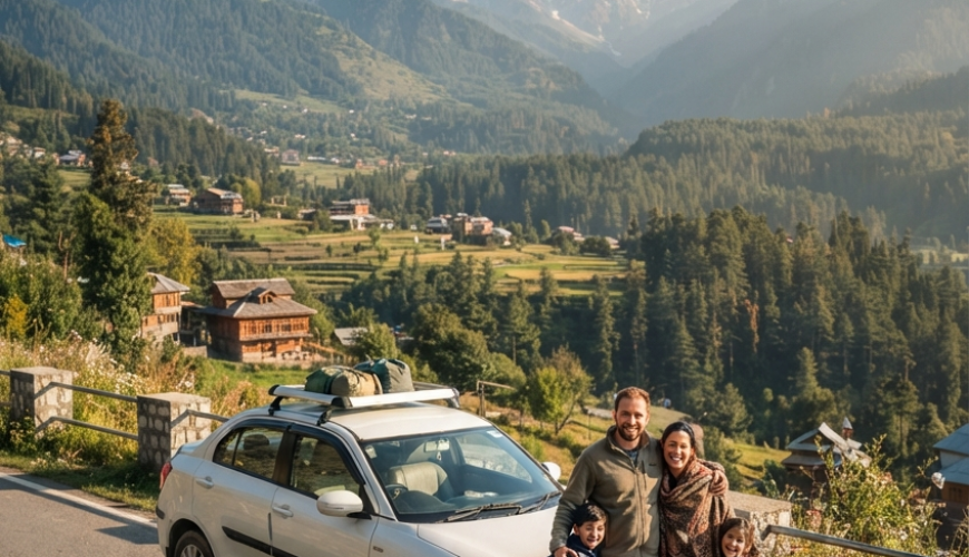 Affordable Kashmir car rental package 2026 - budget sedan with family on scenic road