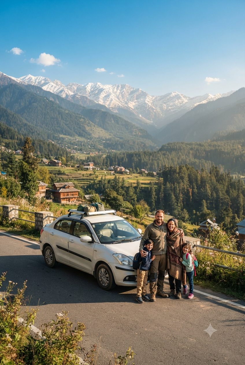 Affordable Kashmir car rental package 2026 - budget sedan with family on scenic road