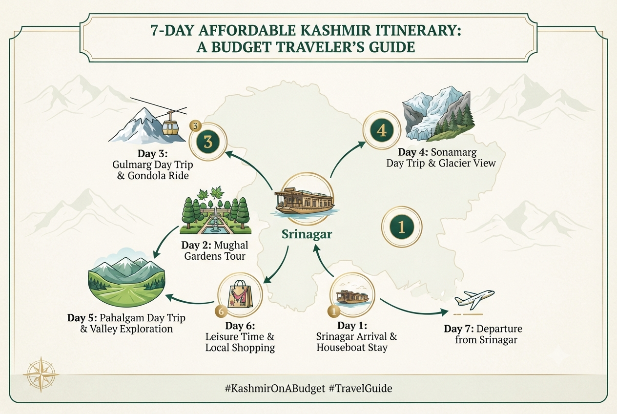 Affordable Kashmir packages 2026 - 7-day itinerary infographic