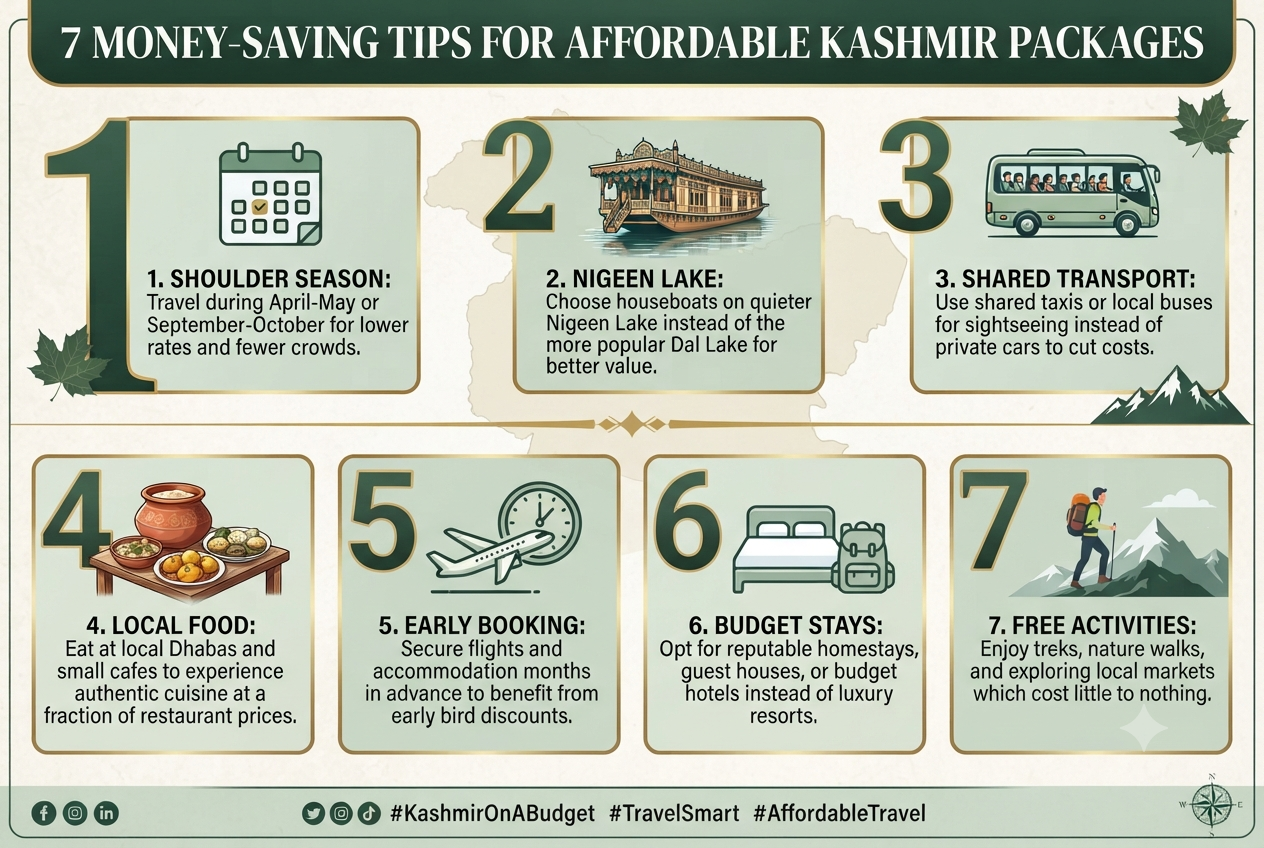 Affordable Kashmir packages 2026 - 7 money-saving tips infographic