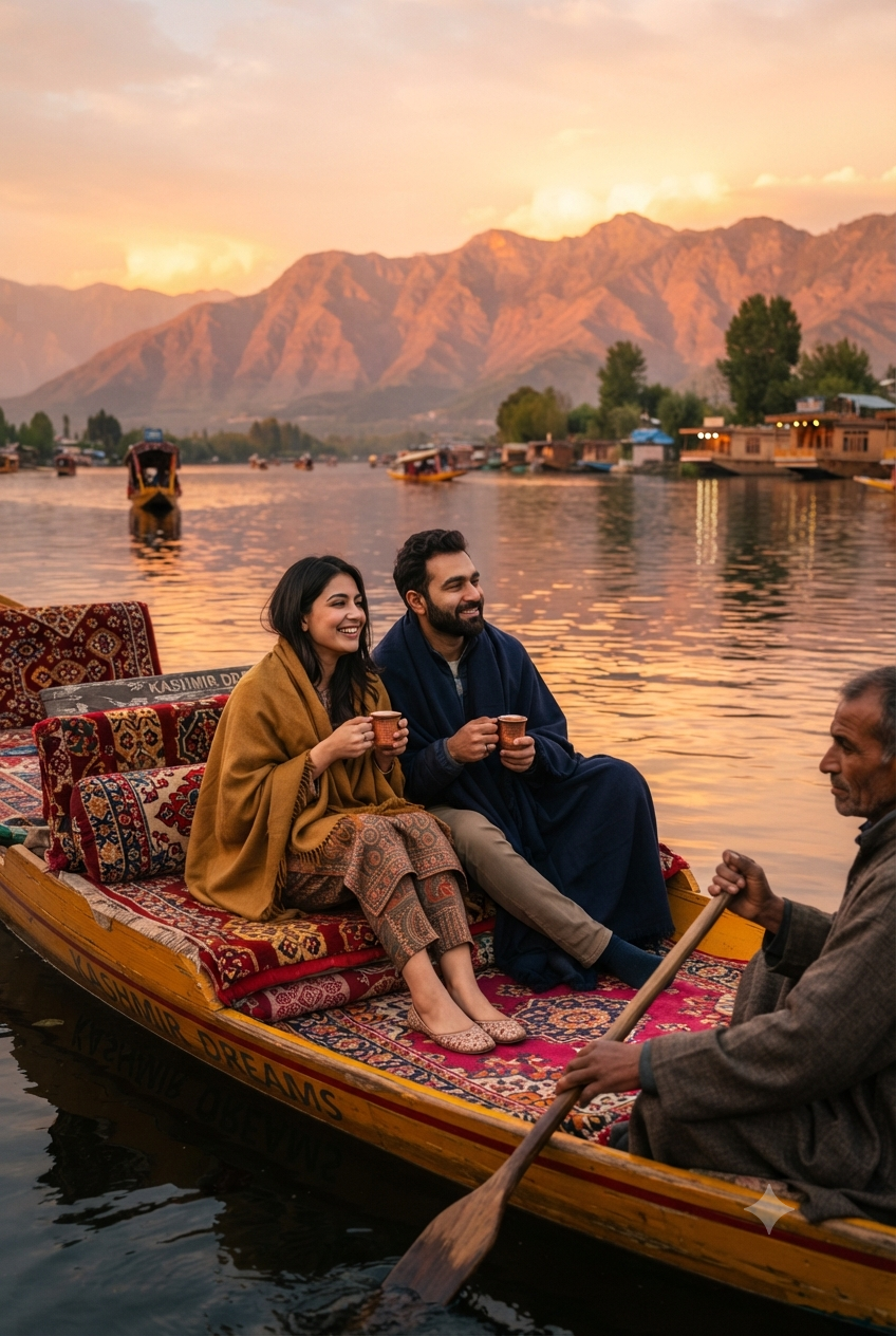 Affordable Kashmir packages 2026 - budget couple enjoying shikara ride on Dal Lake