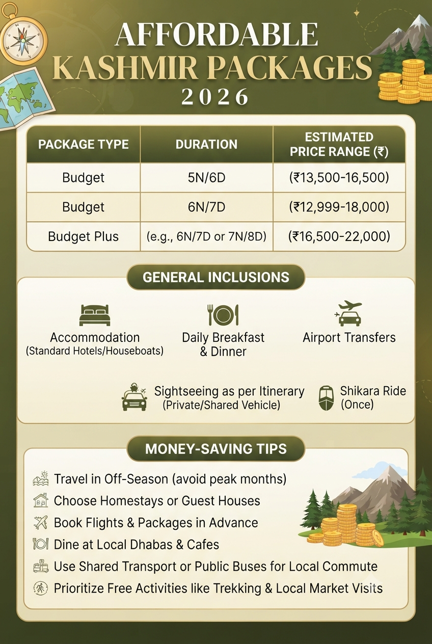 Affordable Kashmir packages 2026 price infographic - budget options and inclusions
