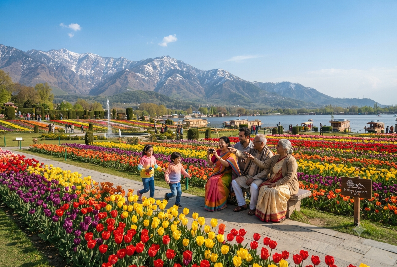 Affordable Kashmir trip from Kolkata for family 2026 - Bengali family at Tulip Garden Srinagar