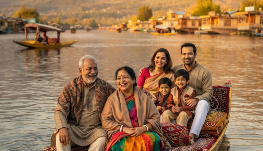 Affordable Kashmir trip from Kolkata for family 2026 - Bengali family enjoying shikara ride on Dal Lake