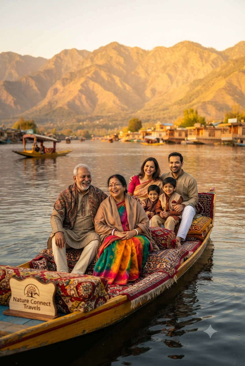 Affordable Kashmir trip from Kolkata for family 2026 - Bengali family enjoying shikara ride on Dal Lake