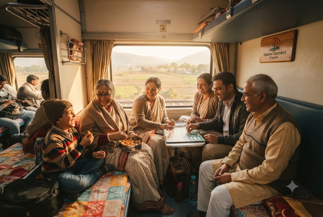 Affordable Kashmir trip from Kolkata for family 2026 - Bengali family on train journey to Kashmir