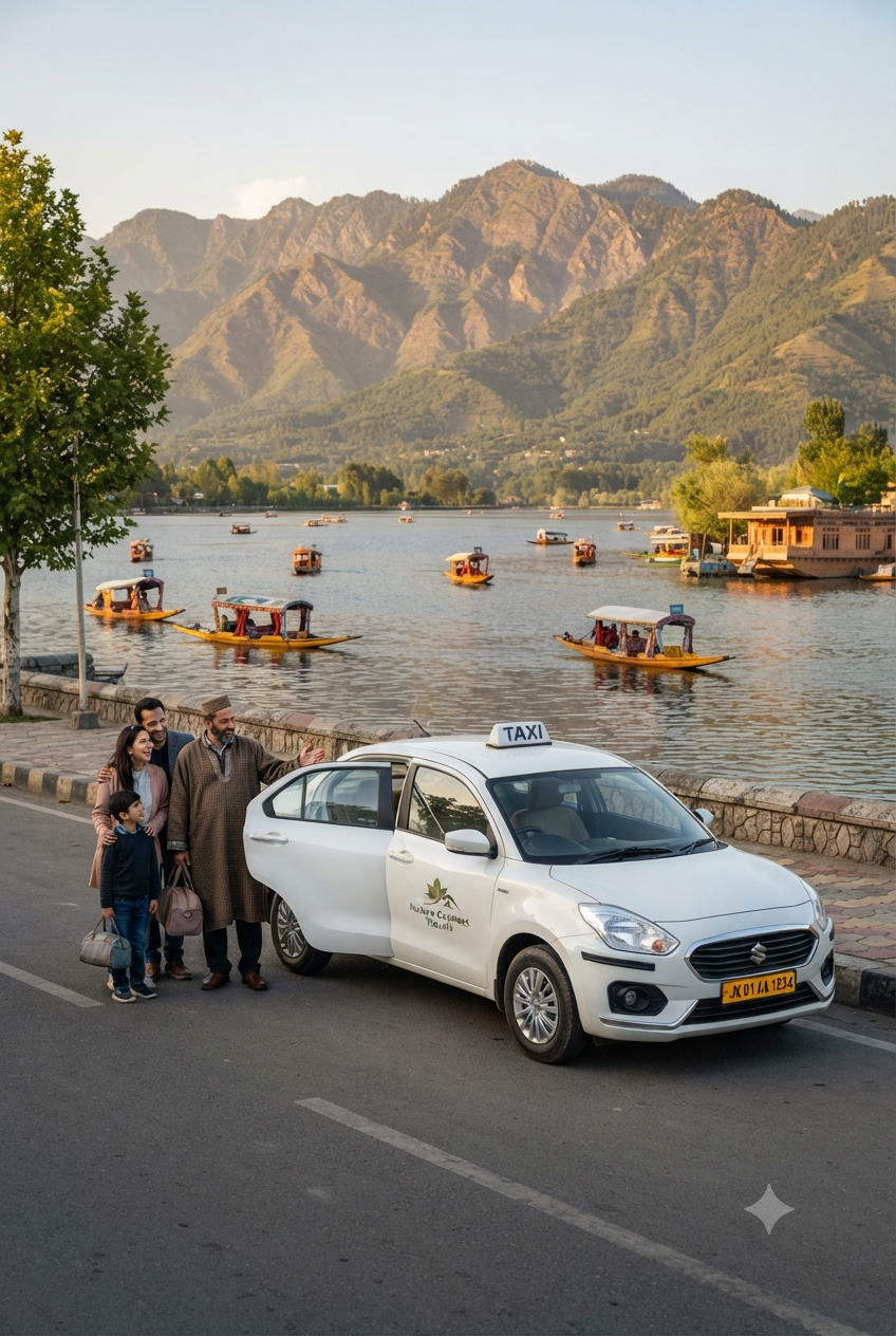 Affordable Srinagar taxi package price 2026 - budget sedan taxi on Dal Lake Boulevard