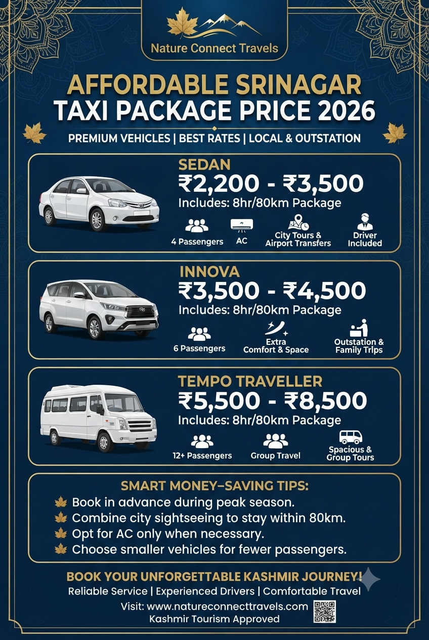 Affordable Srinagar taxi package price 2026 infographic - budget vehicle options and rates
