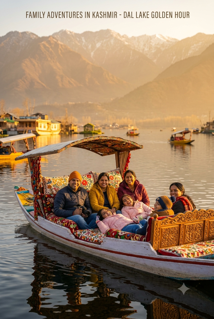 Ahmedabad to Kashmir 6 nights 7 days package 2026 - family enjoying shikara ride on Dal Lake