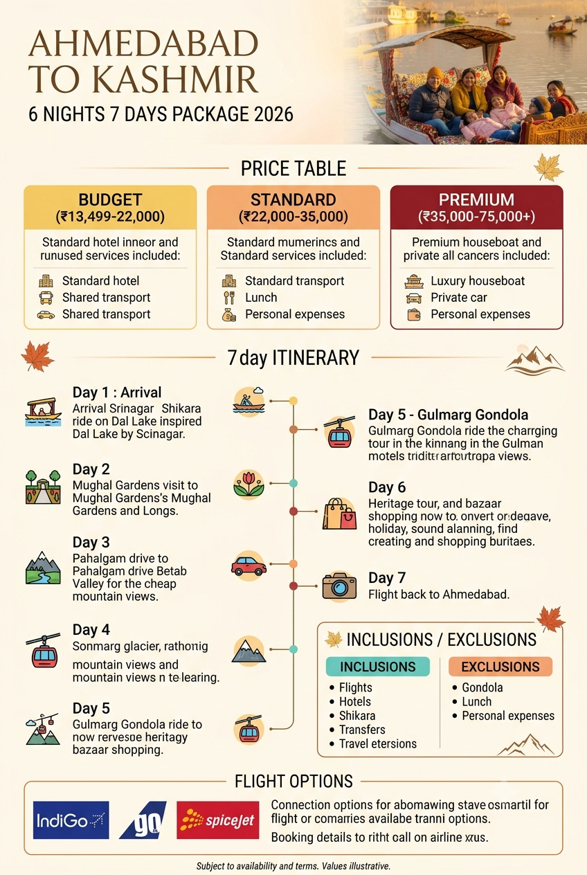 Ahmedabad to Kashmir 6 nights 7 days package 2026 infographic - package prices and inclusions