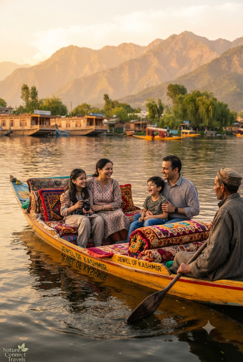 Ahmedabad to Kashmir tour package 2026 - family enjoying shikara ride on Dal Lake
