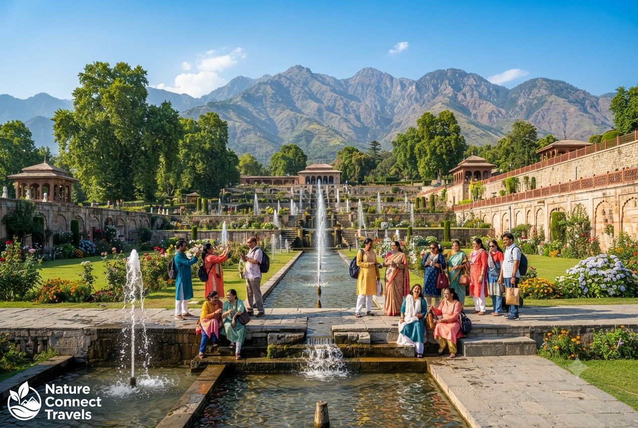 Ahmedabad to Kashmir tour package 2026 - group at Nishat Bagh Mughal Gardens