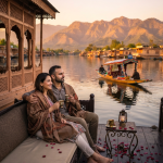 Ahmedabad to Kashmir tour package for couple 2026 - romantic couple on houseboat at Dal Lake sunset