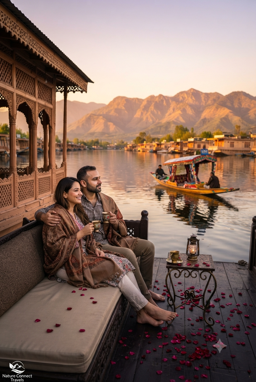 Ahmedabad to Kashmir tour package for couple 2026 - romantic couple on houseboat at Dal Lake sunset